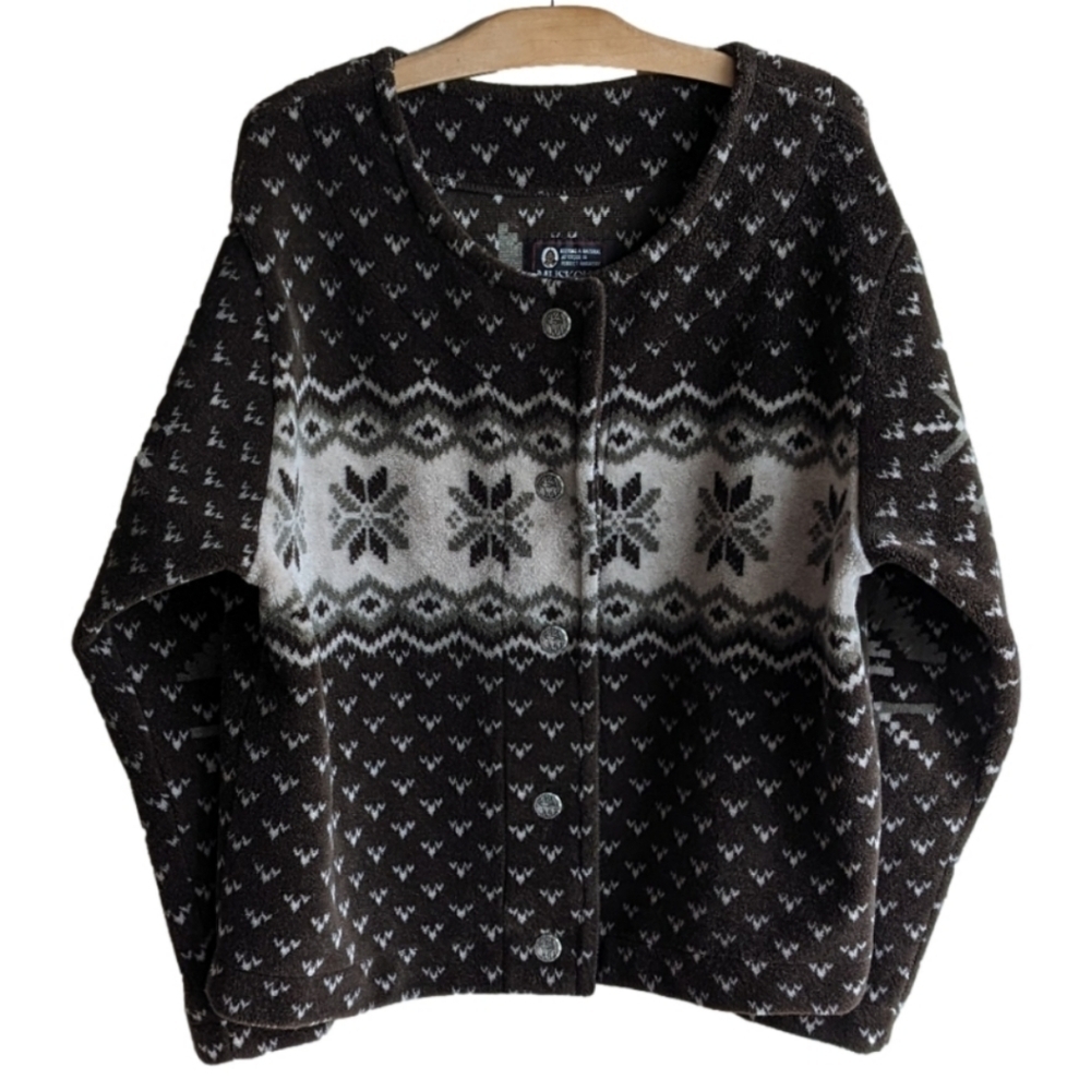Vintage Fleece Jacket Cropped Southwestern Fair Isle Unlined L XL